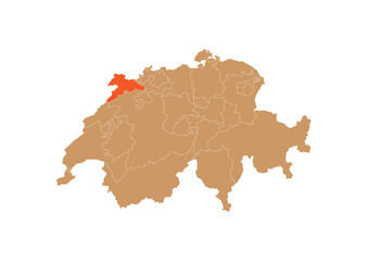 Map of Jura on Switzerland map. Map of Jura highlighting the boundaries of the canton of Jura on the map of Switzerland
