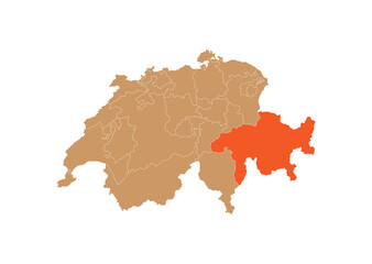 Map of Grisons on Switzerland map. Map of Grisons highlighting the boundaries of the canton of Grisons on the map of Switzerland
