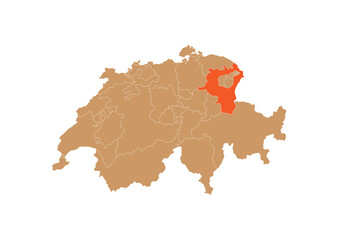 Map of St. Gallen on Switzerland map. Map of St. Gallen highlighting the boundaries of the canton of St. Gallen on the map of Switzerland
