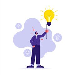 New creative ideas and solutions, the concept of idea, brainstorm, thinking, businessman with light bulb, flat vector illustration