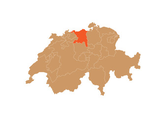 Map of Aargau on Switzerland map. Map of Aargau highlighting the boundaries of the canton of Aargau on the map of Switzerland
