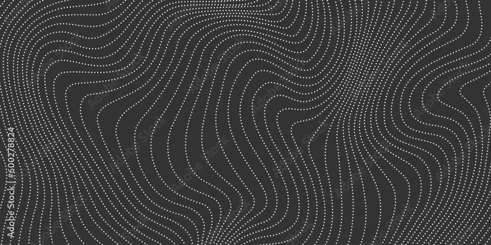 Poster dotted wave lines on dark background. abstract wavy stripes texture. warped and curved dashed lines 