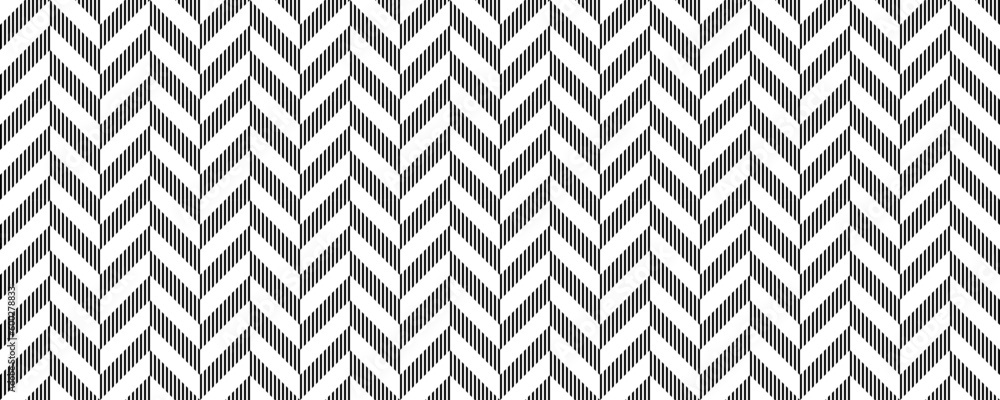 Poster Herringbone seamless pattern. Black and white chevron background. Repeating zigzag texture with diagonal lines. Textile fabric print design swatch. Vector illustration and wallpaper template