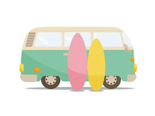 ピンクと黄色のサーフボードが立てかけてあるミントグリーン色のバンの車
