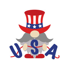 Cute patriotic gnome by July 4th. American Independence Day. A gray-haired elf with a beard and mustache holds a USA garland. Leprechaun in a traditional hat. Cartoon vector clipart isolated on white