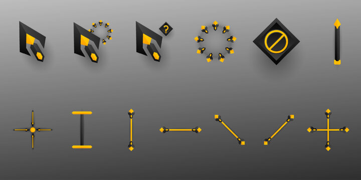 Abstract black and yellow gaming style mouse cursor pointer ui icons set