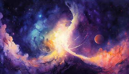 Watercolor Galaxy Space Background - obrazy, fototapety, plakaty