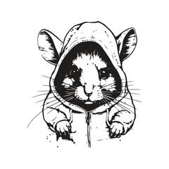 chinchilla hooded, vintage logo line art concept black and white color, hand drawn illustration