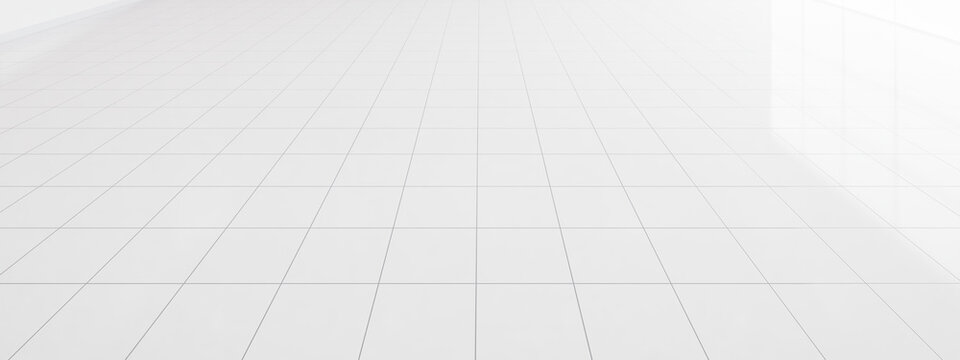 3d rendering of white tile floor with grid line of square texture pattern in perspective. Clean shiny surface. Interior home design for bathroom, kitchen and laundry room. Empty space for background.