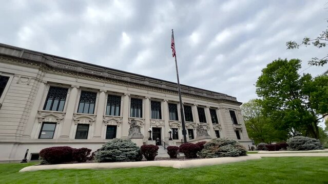 Front View of the Illinois Supreme Courthouse Building with American Flag. Located in Springfield, Illinois, USA.