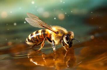 bee on water, honeybee macro, Generative AI