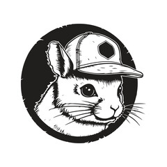 chinchilla wearing hat, vintage logo line art concept black and white color, hand drawn illustration