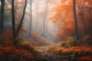 Fototapeta na wymiar Misty autumn woods panoramic painting with bright colors. Generative AI