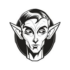elf sci fi, vintage logo line art concept black and white color, hand drawn illustration