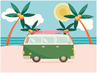 椰子の木と海を背景にサーフボードを運ぶカーキ色のバン