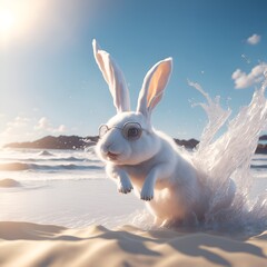 a cute rabbit in the beach using glasess, created by AI Generated