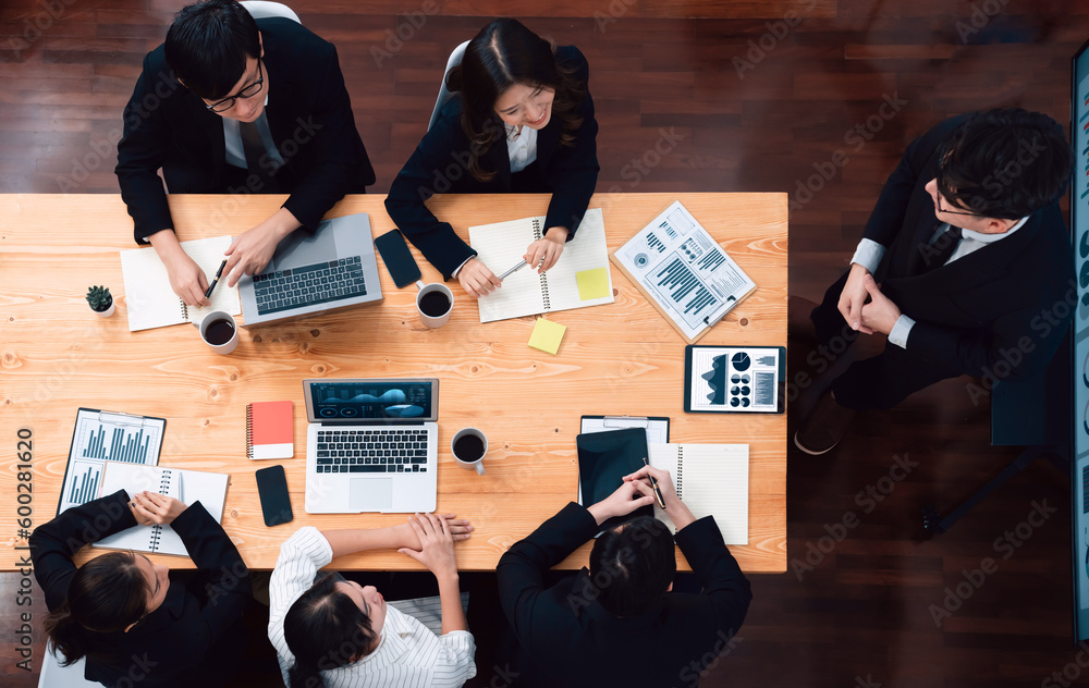 Poster top view manager or office worker give presentation in harmony conference room to business colleague