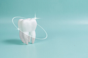 Teeth whitening concept. Comparison of a clean and dirty tooth before and after the whitening procedure. Teeth whitening procedure poster, dental health and oral hygiene for dentistry design