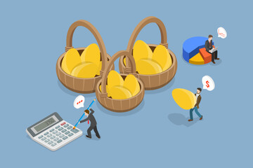 3D Isometric Flat Vector Conceptual Illustration of Investment Diversification, Eggs in Different Baskets - obrazy, fototapety, plakaty