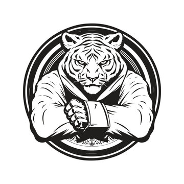 tiger fighter, vintage logo line art concept black and white color, hand drawn illustration