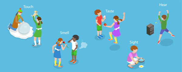 3D Isometric Flat Vector Conceptual Illustration of Five Senses, Vision, Hearing, Smell, Touch, Taste