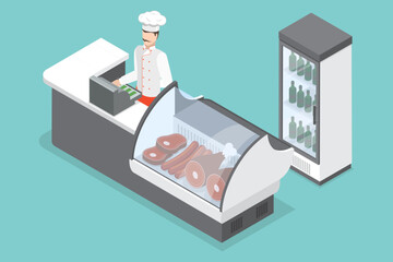 3D Isometric Flat Vector Conceptual Illustration of Butcher Shop, Meat Store Counter