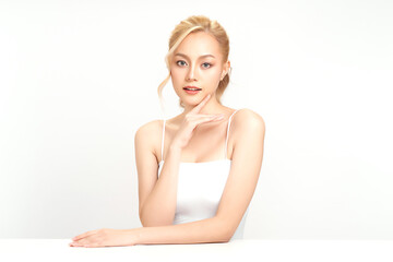 Obraz premium Beautiful young asian woman with clean fresh skin on white background, Face care, Facial treatment, Cosmetology, beauty and spa, Asian women portrait.