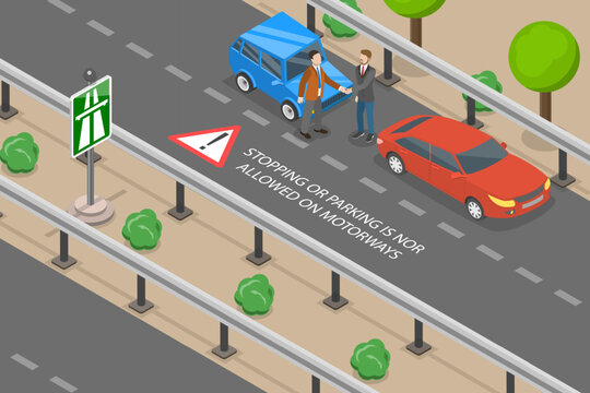 3D Isometric Flat Vector Conceptual Illustration of Highway Parking Denial, Safety Car Driving Tips and Rules