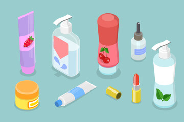3D Isometric Flat Vector Set of Cosmetics, Beauty Care Products