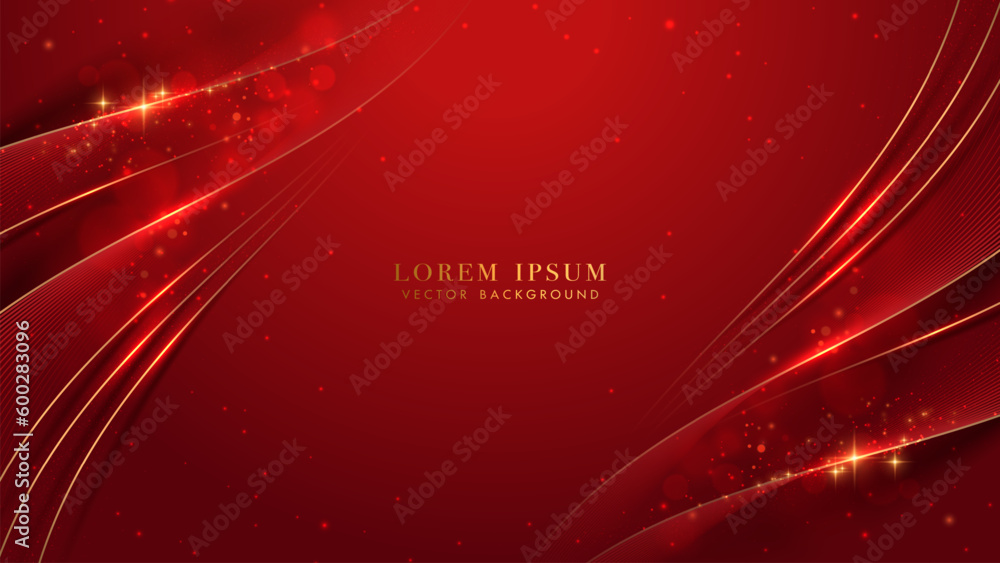 Wall mural golden lines with curve light, sparkle glowing effect and bokeh elements. red luxury background styl