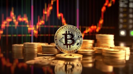 Cryptocurrency concept. Bitcoin with dark stock chart background. Generative AI.