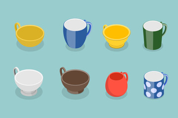 3D Isometric Flat Vector Set of Tea or Coffee Cups, Mugs for Hot Beverages