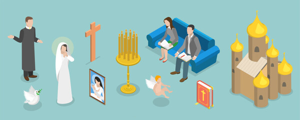 3D Isometric Flat Vector Conceptual Illustration of Ortodox Christianity, Characters, Items and Buildings