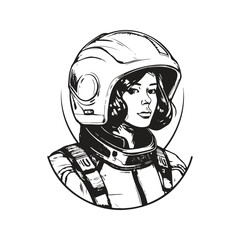girl in futuristic armor with helmet, vintage logo line art concept black and white color, hand drawn illustration