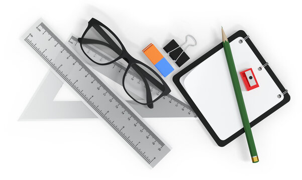 3D Render School Supplies Stationery Equipment With Eyeglasses, Notebook And Ruler