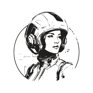 recommend clip art: girl in futuristic armor with helmet, vintage logo line art concept black and white color, hand drawn illustration