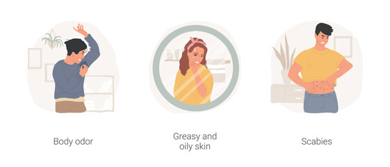 Lack of personal hygiene isolated cartoon vector illustration set. Body odor, teen wrinkles nose from a bad smell, greasy and oily skin, girl watch in the mirror, scabies problem vector cartoon.