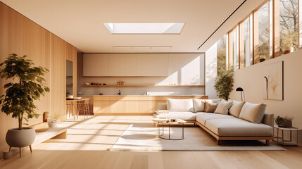 Fototapeta na wymiar interior spacious living, luxurious interior design in a cozy penthouse, Generative AI
