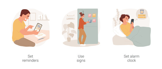 Practice good habits isolated cartoon vector illustration set. Set reminders, to-do list hanging at home, put reminder stickers on fridge, set alarm clock, create healthy routine vector cartoon.