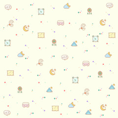 Vector illustration of a cute sleep. Collection of insomnia, bed, time, zzz, moon, cloud, alarm, clock, pillows and other elements. Isolated on beige.