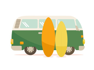 黄色のサーフボードを二枚立てかけたカーキ色のバン