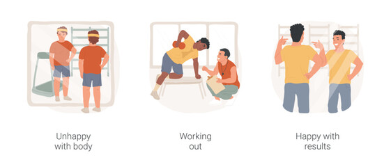 Fototapeta premium Stay fit isolated cartoon vector illustration set. Unhappy with body weight, teenage boy looking in the mirror, working out in gym, training with instructor, enjoy growing muscles vector cartoon.