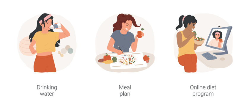 Teen staying fit isolated cartoon vector illustration set. Teeange girl drinking water in gym while exercising, hydration, meal plan, counting calories, online diet program vector cartoon.