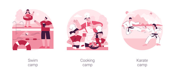 Summer programs for kids abstract concept vector illustration set. Swim, cooking and karate camp, young chief course, holiday activity, martial arts, open water training, education abstract metaphor. © Vector Juice