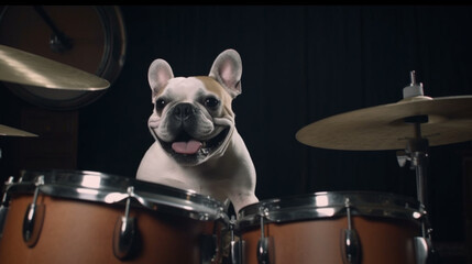 Fototapeta na wymiar dog playing drums