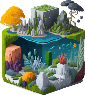 Vector format illustration that celebrates environment waterfall and biodiversity in a colorful and vibrant style. The illustration features a variety of animals and plants in 3d cube painting