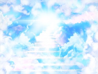  Landscape illustration of a beautiful entrance to heaven, shining divinely through the rainbow-colored clouds.	
