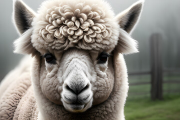 Fototapeta premium Very beautiful alpacas in the fog and with beautiful lighting. Generative AI