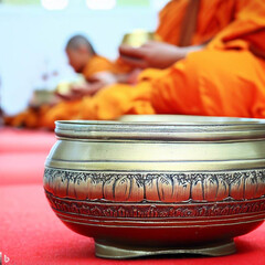 Offer food to the monks. Offering alms to monks Built with AI.