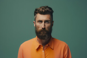 Fototapeta premium Expressive man in a funky and stylish shirt with cool image. Humorous and crazy facial expression, trendy coiffure, and colorful outfit. Perfect clipart for fashion, glamor, and trendy designs.
